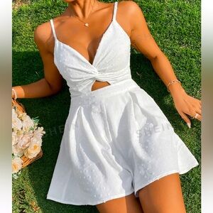 VCAY Swiss Dot Twist Front Cut Out Tie Backless Cami Romper